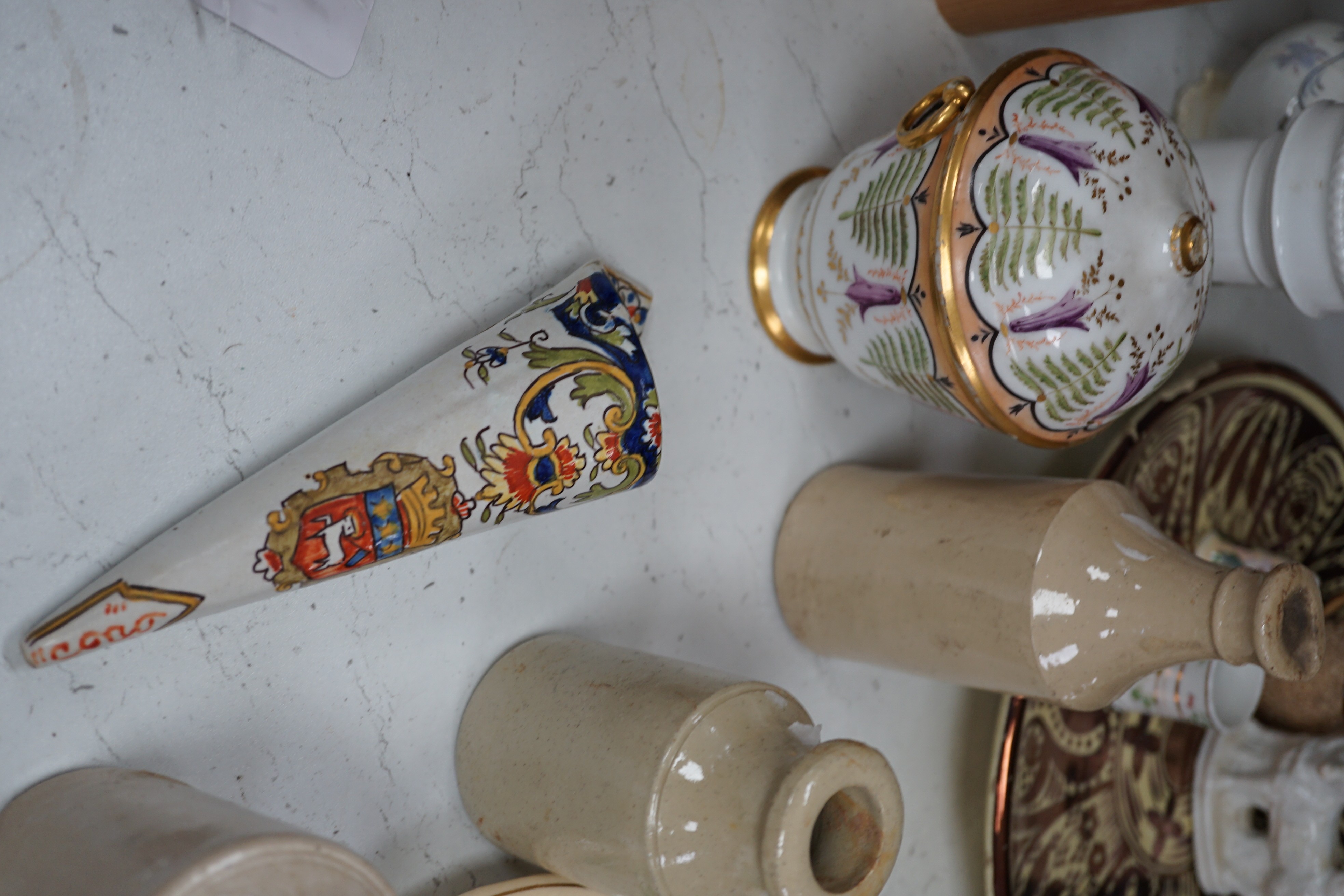 Mixed ceramics to include Copeland Parian Ophelia (a.f.) studio pottery, storage bottles, also to include a glass vase, glass vase 20cms high